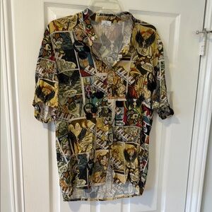 Casual Black and Brown Button Down Shirt with Artistic Print